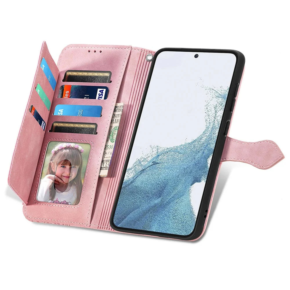 For Samsung Galaxy S23 Zipper Wallet Case with Strap Flower Imprint PU Leather Phone Cover - Pink - 2