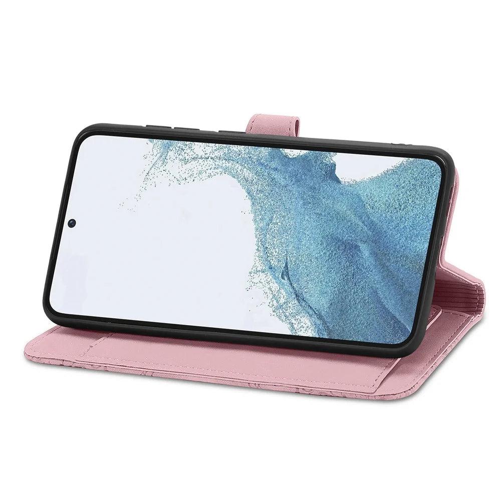 For Samsung Galaxy S23 Zipper Wallet Case with Strap Flower Imprint PU Leather Phone Cover - Pink - 3