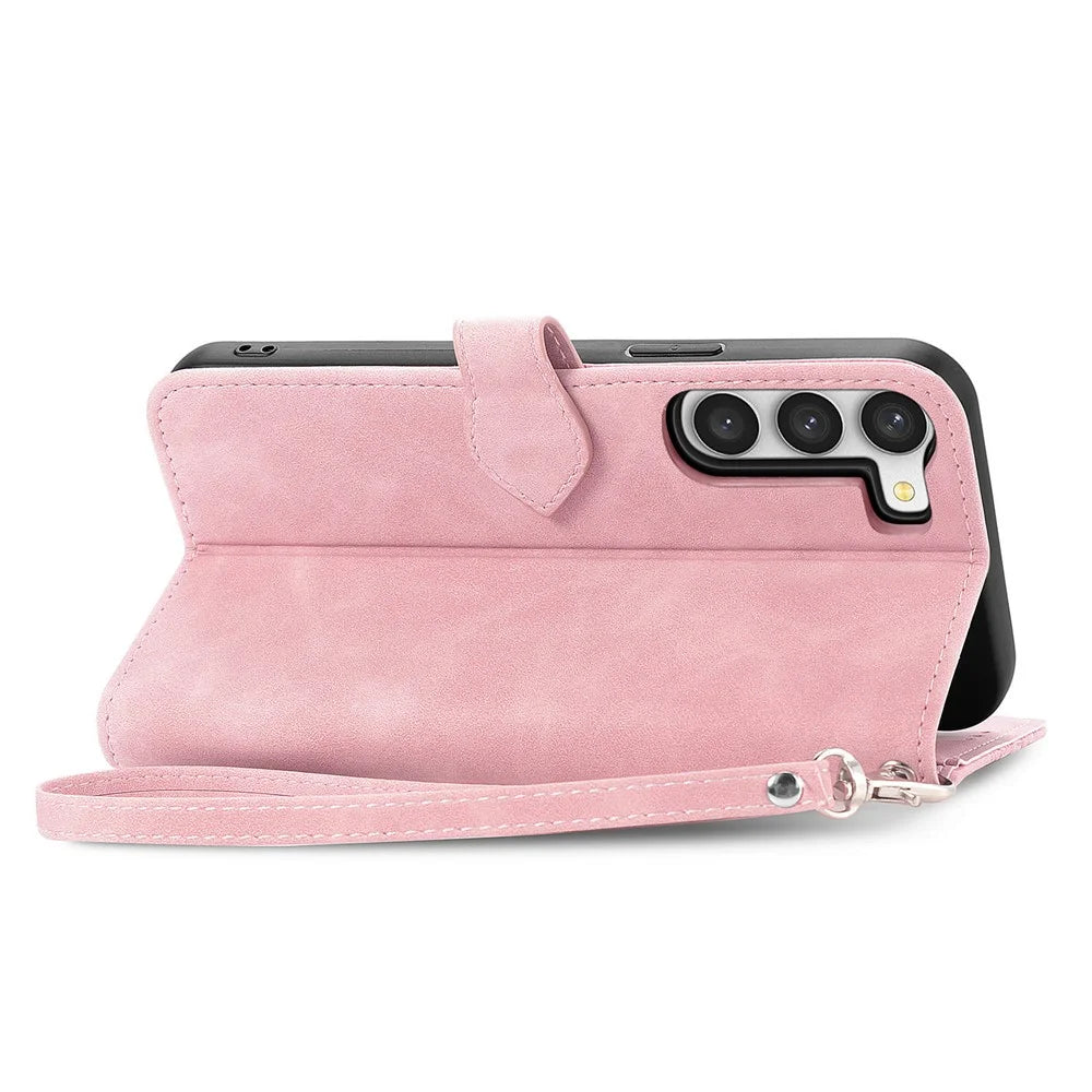 For Samsung Galaxy S23 Zipper Wallet Case with Strap Flower Imprint PU Leather Phone Cover - Pink - 4