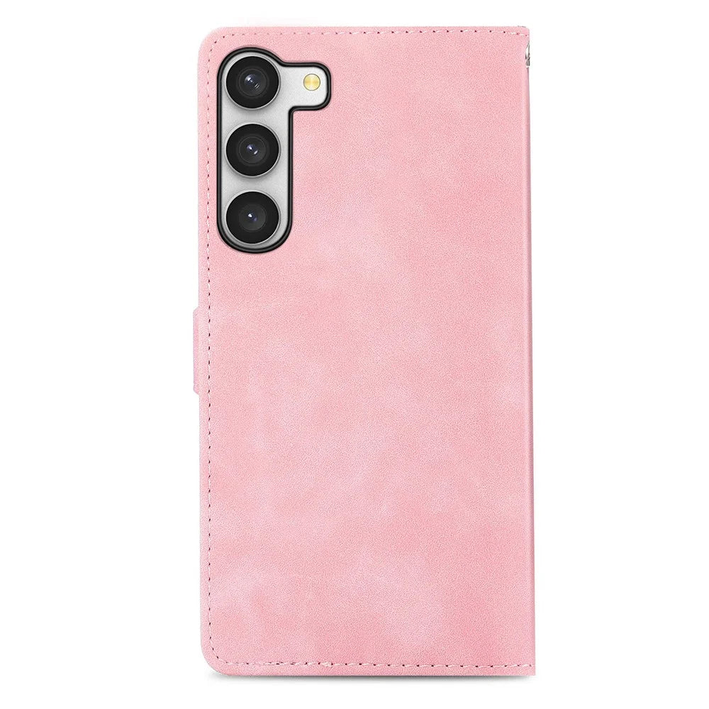 For Samsung Galaxy S23 Zipper Wallet Case with Strap Flower Imprint PU Leather Phone Cover - Pink - 7