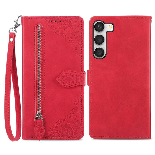 For Samsung Galaxy S23+ Zipper Wallet Case with Strap Flower Imprint PU Leather Phone Cover - Red - 1