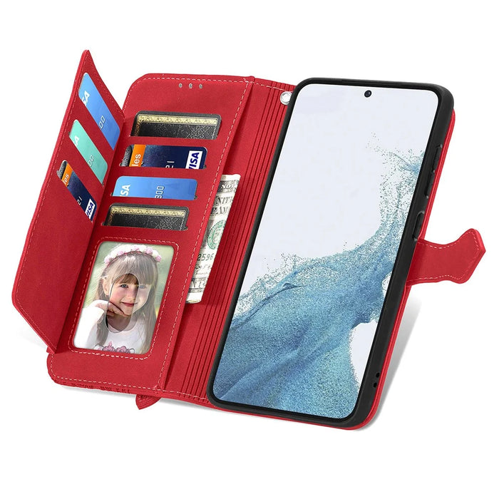 For Samsung Galaxy S23+ Zipper Wallet Case with Strap Flower Imprint PU Leather Phone Cover - Red - 2