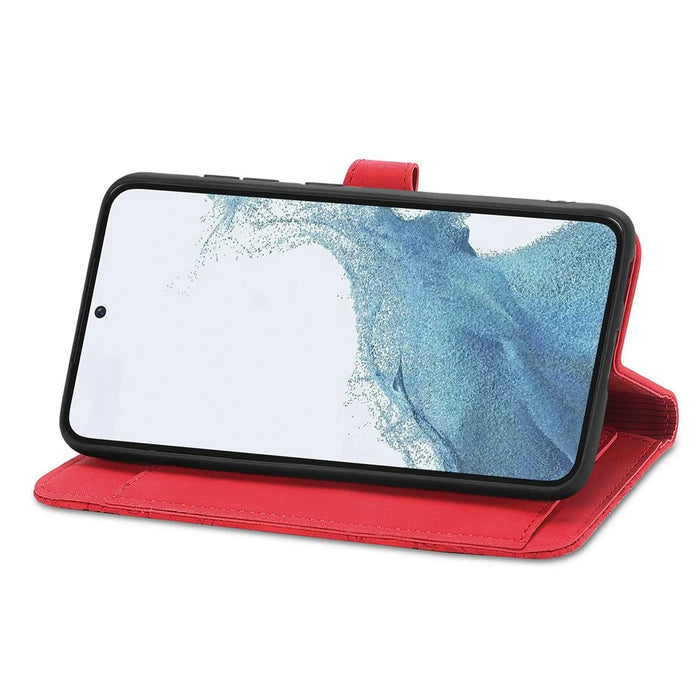 For Samsung Galaxy S23+ Zipper Wallet Case with Strap Flower Imprint PU Leather Phone Cover - Red - 3