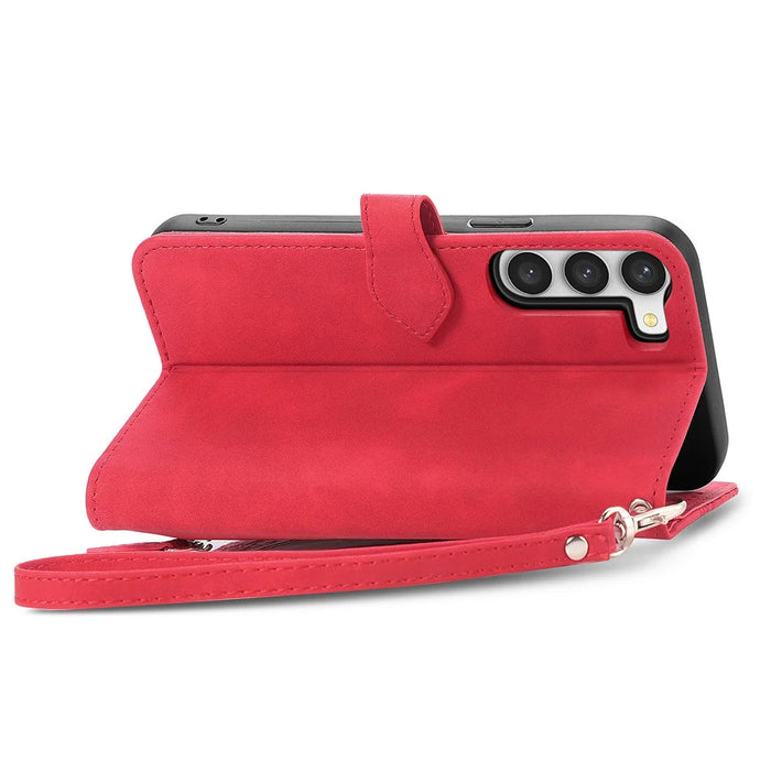 For Samsung Galaxy S23+ Zipper Wallet Case with Strap Flower Imprint PU Leather Phone Cover - Red - 4