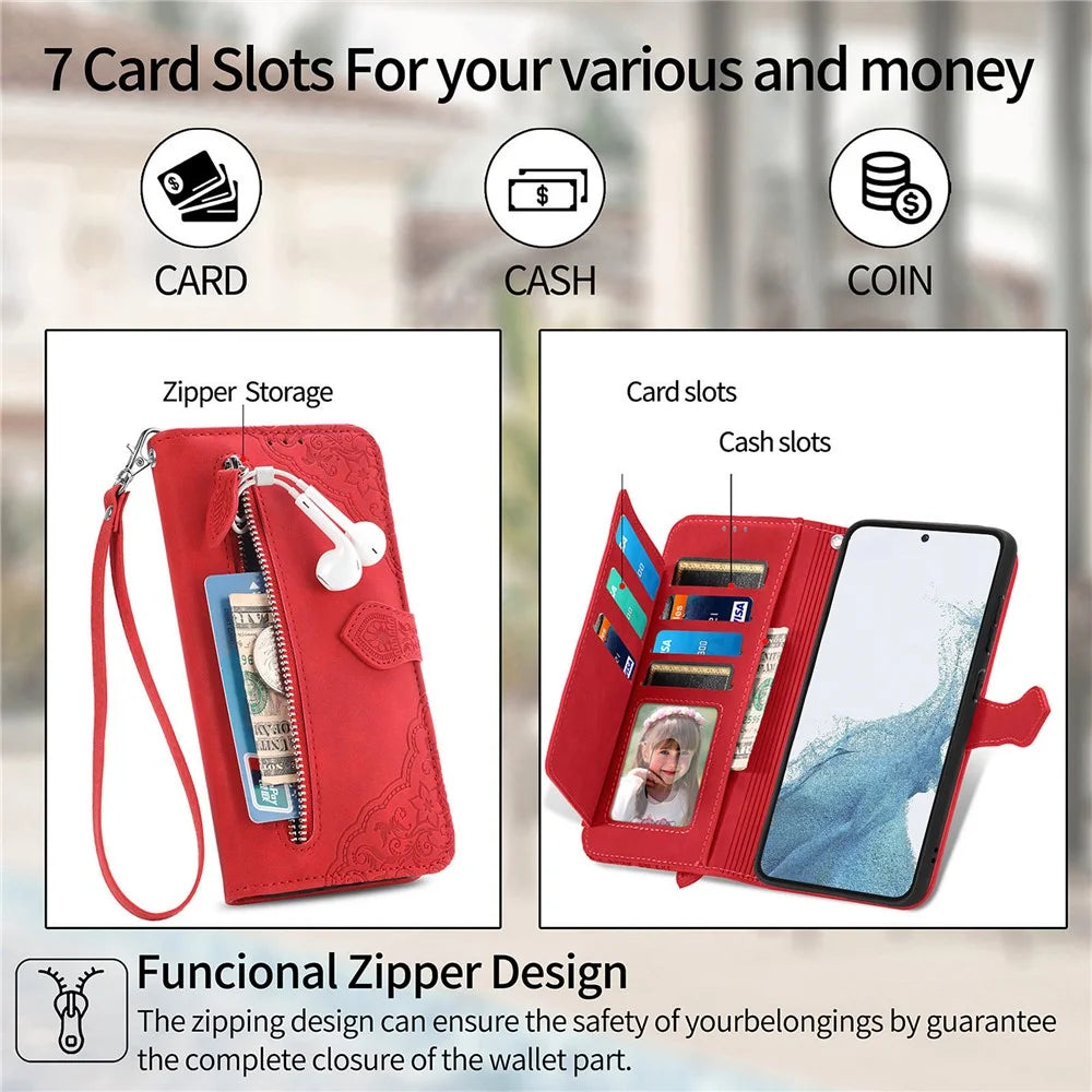For Samsung Galaxy S23+ Zipper Wallet Case with Strap Flower Imprint PU Leather Phone Cover - Red - 6