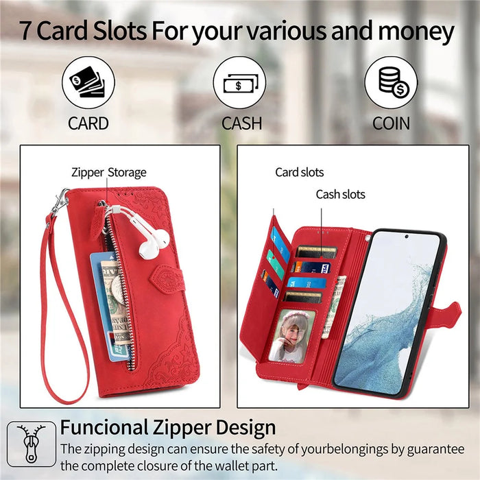 For Samsung Galaxy S23+ Zipper Wallet Case with Strap Flower Imprint PU Leather Phone Cover - Red - 6