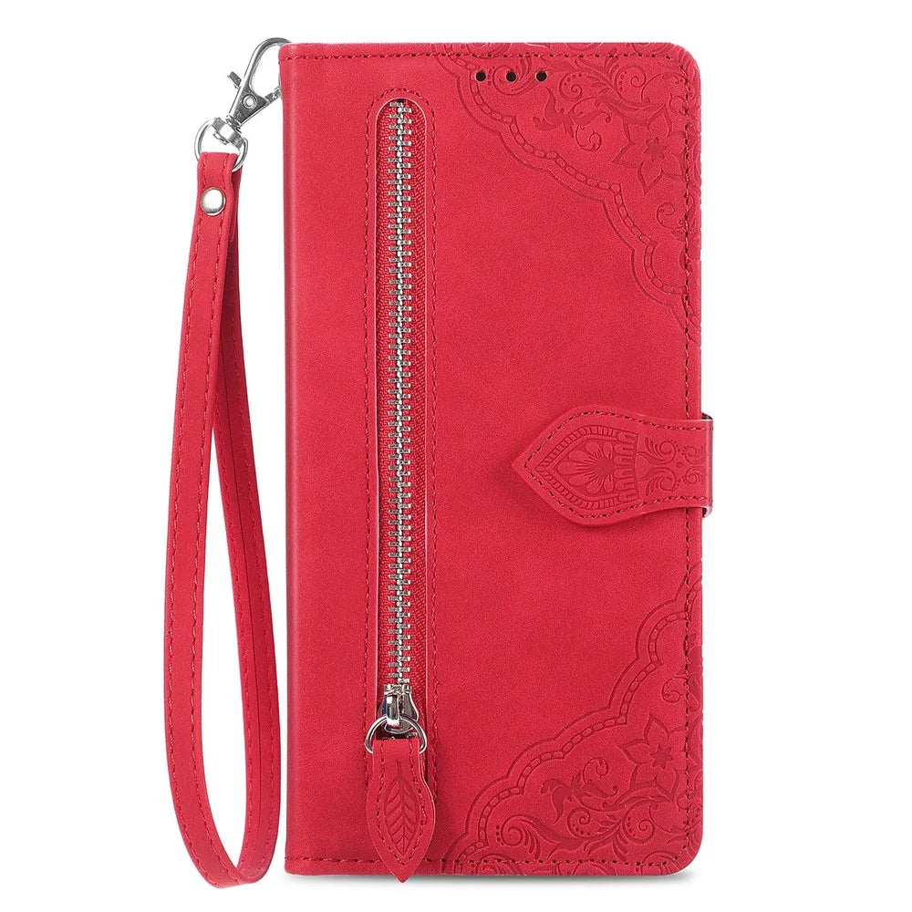 For Samsung Galaxy S23+ Zipper Wallet Case with Strap Flower Imprint PU Leather Phone Cover - Red - 7