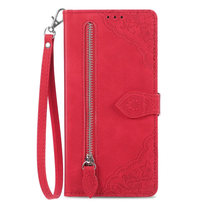 For Samsung Galaxy S23+ Zipper Wallet Case with Strap Flower Imprint PU Leather Phone Cover - Red - 7