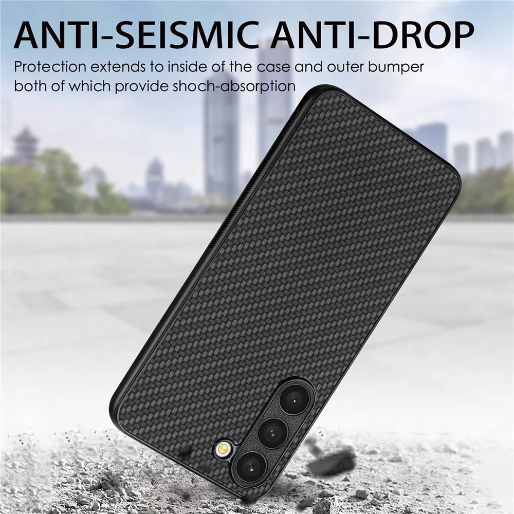 For Samsung Galaxy S23 Carbon Fiber Texture PU Leather Coated Soft TPU Cover Anti-drop Phone Case - Black - 4