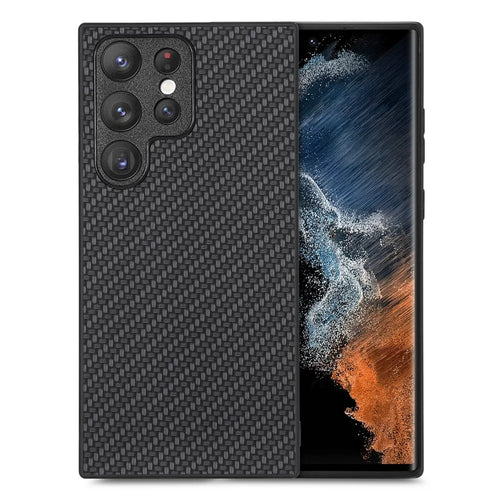 Carbon Fiber Texture Phone Case for Samsung Galaxy S23 Ultra, PU Leather Coated Soft TPU Anti-drop Protective Cover - Black - 1