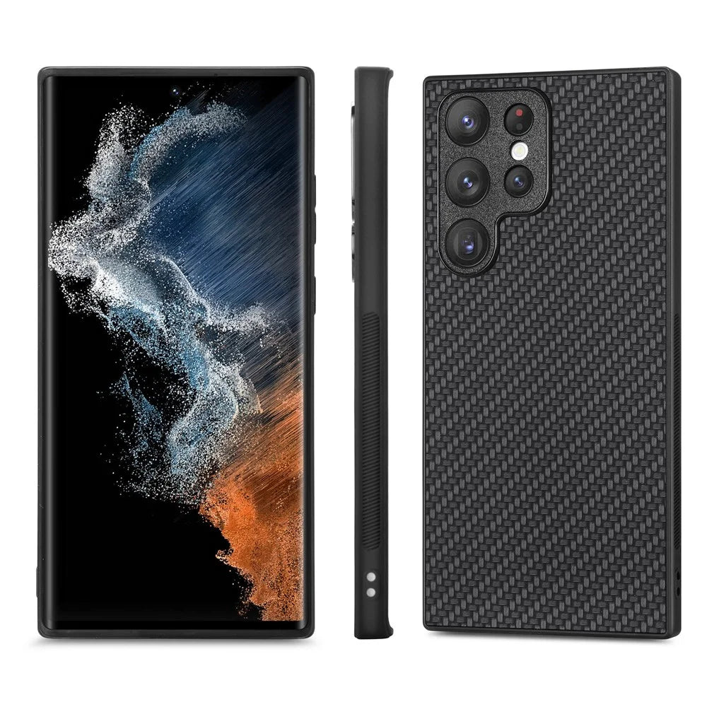 Carbon Fiber Texture Phone Case for Samsung Galaxy S23 Ultra, PU Leather Coated Soft TPU Anti-drop Protective Cover - Black - 2