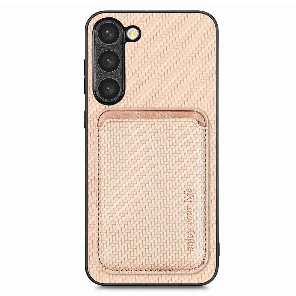 For Samsung Galaxy S23 Carbon Fiber Texture PU Leather + TPU + PVC Phone Case with Magnetic Detachable Card Holder - Khaki - 1