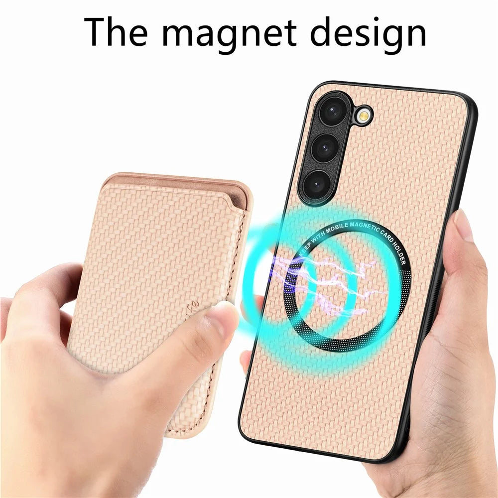 For Samsung Galaxy S23 Carbon Fiber Texture PU Leather + TPU + PVC Phone Case with Magnetic Detachable Card Holder - Khaki - 2