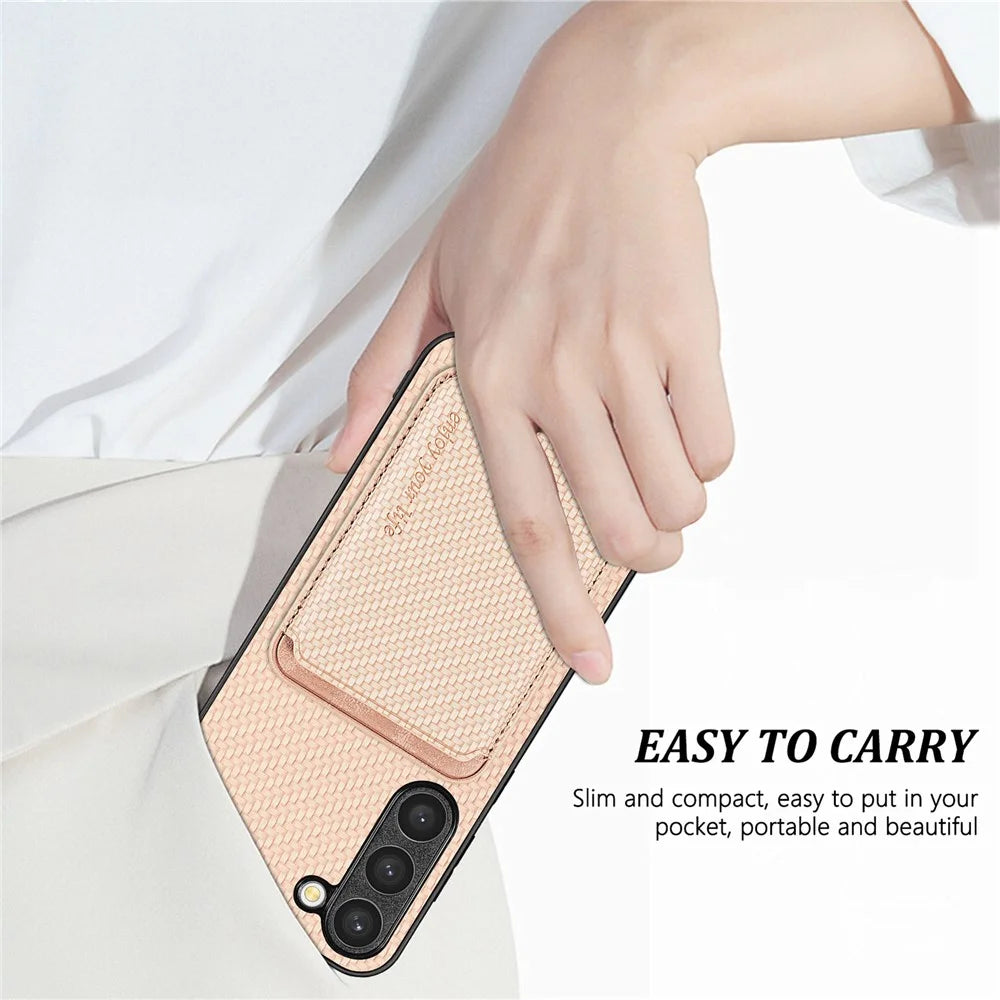 For Samsung Galaxy S23 Carbon Fiber Texture PU Leather + TPU + PVC Phone Case with Magnetic Detachable Card Holder - Khaki - 4
