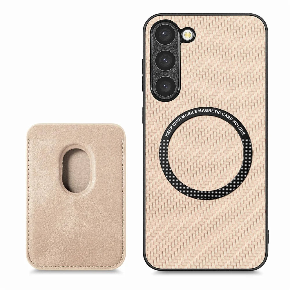 For Samsung Galaxy S23 Carbon Fiber Texture PU Leather + TPU + PVC Phone Case with Magnetic Detachable Card Holder - Khaki - 5