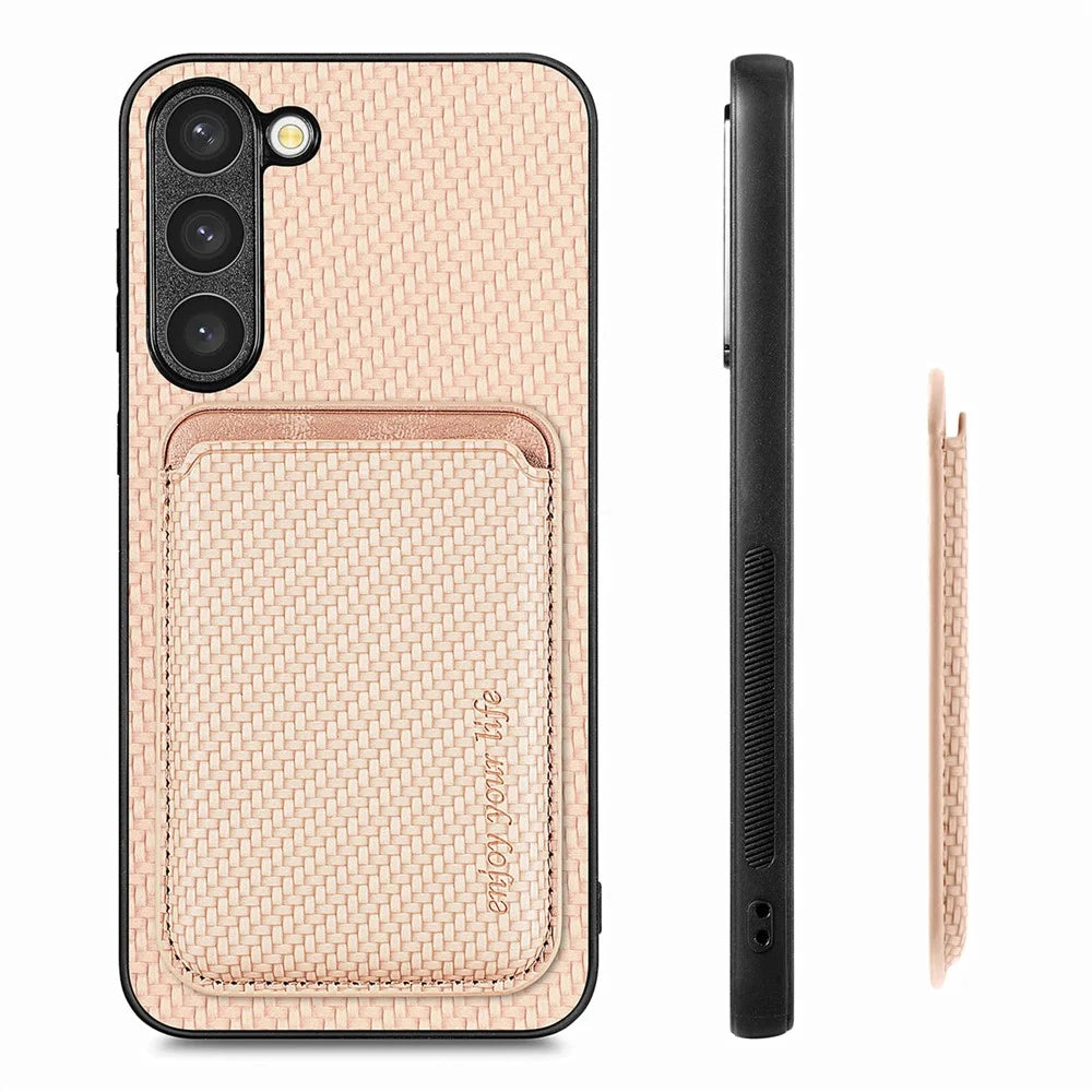 For Samsung Galaxy S23 Carbon Fiber Texture PU Leather + TPU + PVC Phone Case with Magnetic Detachable Card Holder - Khaki - 6