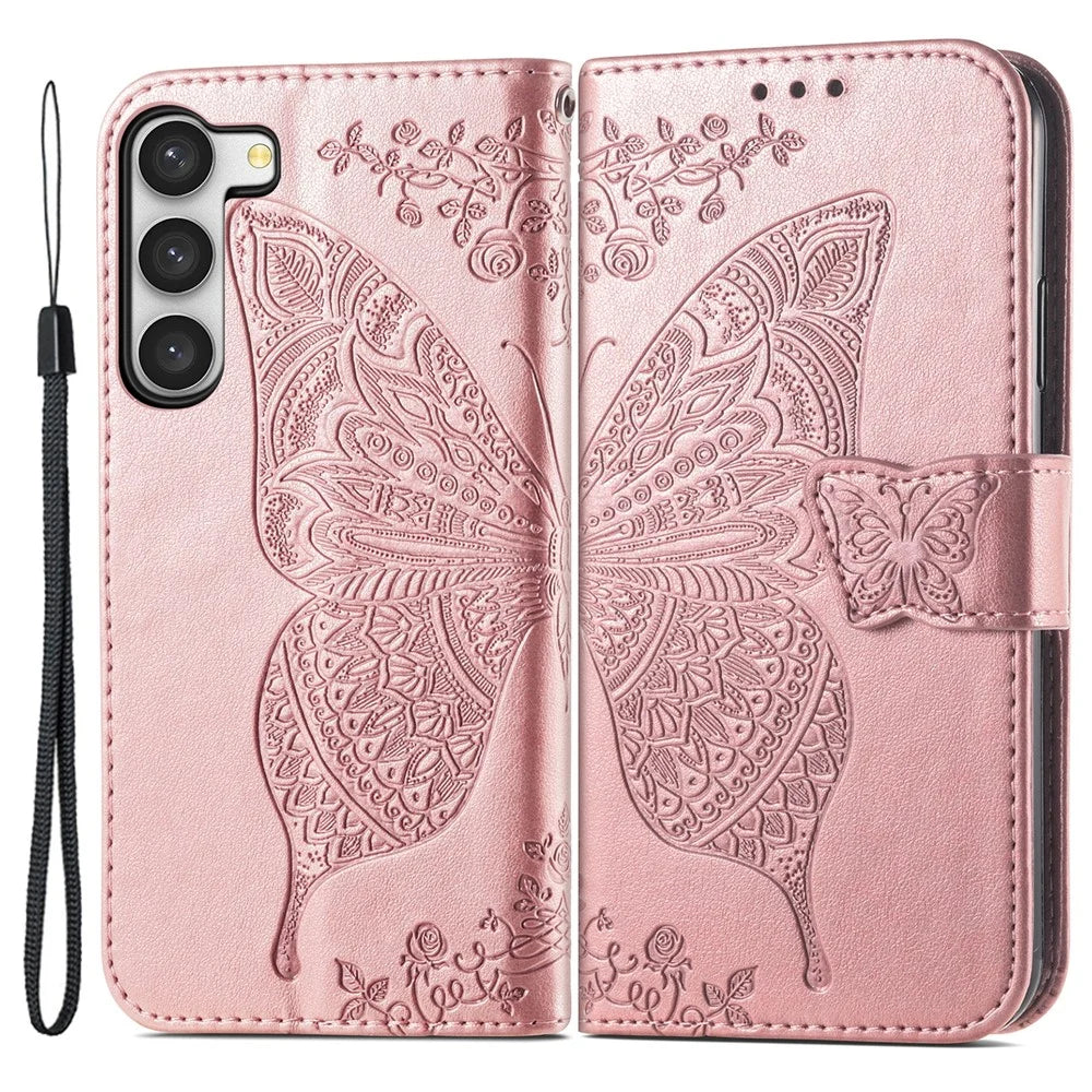 Imprinted Butterfly Pattern Phone Case for Samsung Galaxy S23, PU Leather + TPU Wallet Stand Full Protection Phone Cover with Strap - Rose Gold - 1