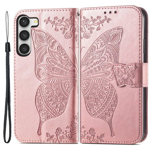 Imprinted Butterfly Pattern Phone Case for Samsung Galaxy S23, PU Leather + TPU Wallet Stand Full Protection Phone Cover with Strap - Rose Gold - 1