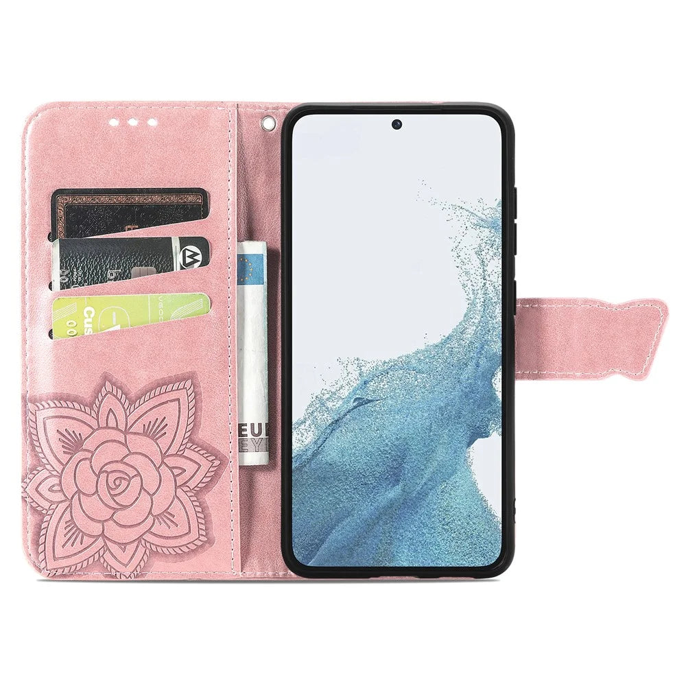 Imprinted Butterfly Pattern Phone Case for Samsung Galaxy S23, PU Leather + TPU Wallet Stand Full Protection Phone Cover with Strap - Rose Gold - 2