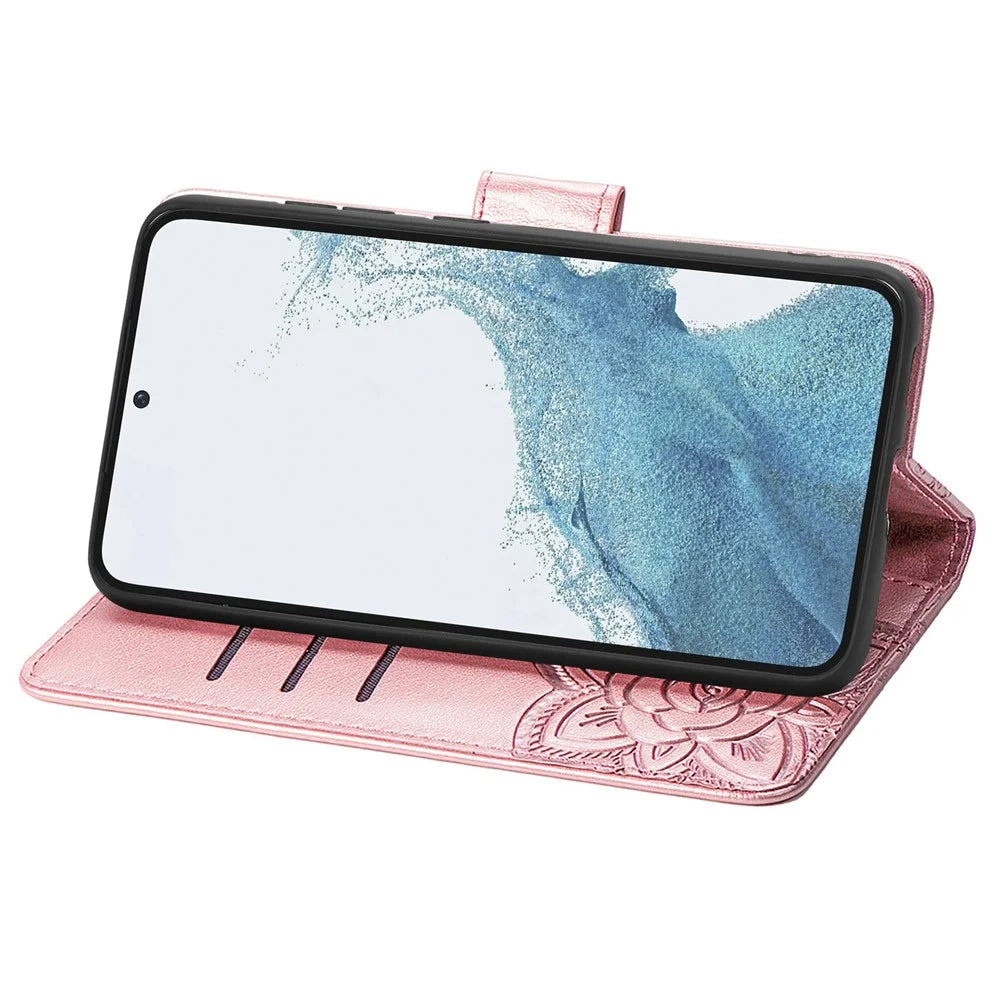 Imprinted Butterfly Pattern Phone Case for Samsung Galaxy S23, PU Leather + TPU Wallet Stand Full Protection Phone Cover with Strap - Rose Gold - 3
