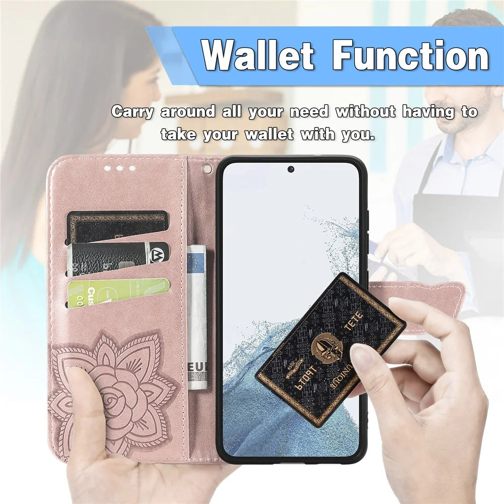 Imprinted Butterfly Pattern Phone Case for Samsung Galaxy S23, PU Leather + TPU Wallet Stand Full Protection Phone Cover with Strap - Rose Gold - 4