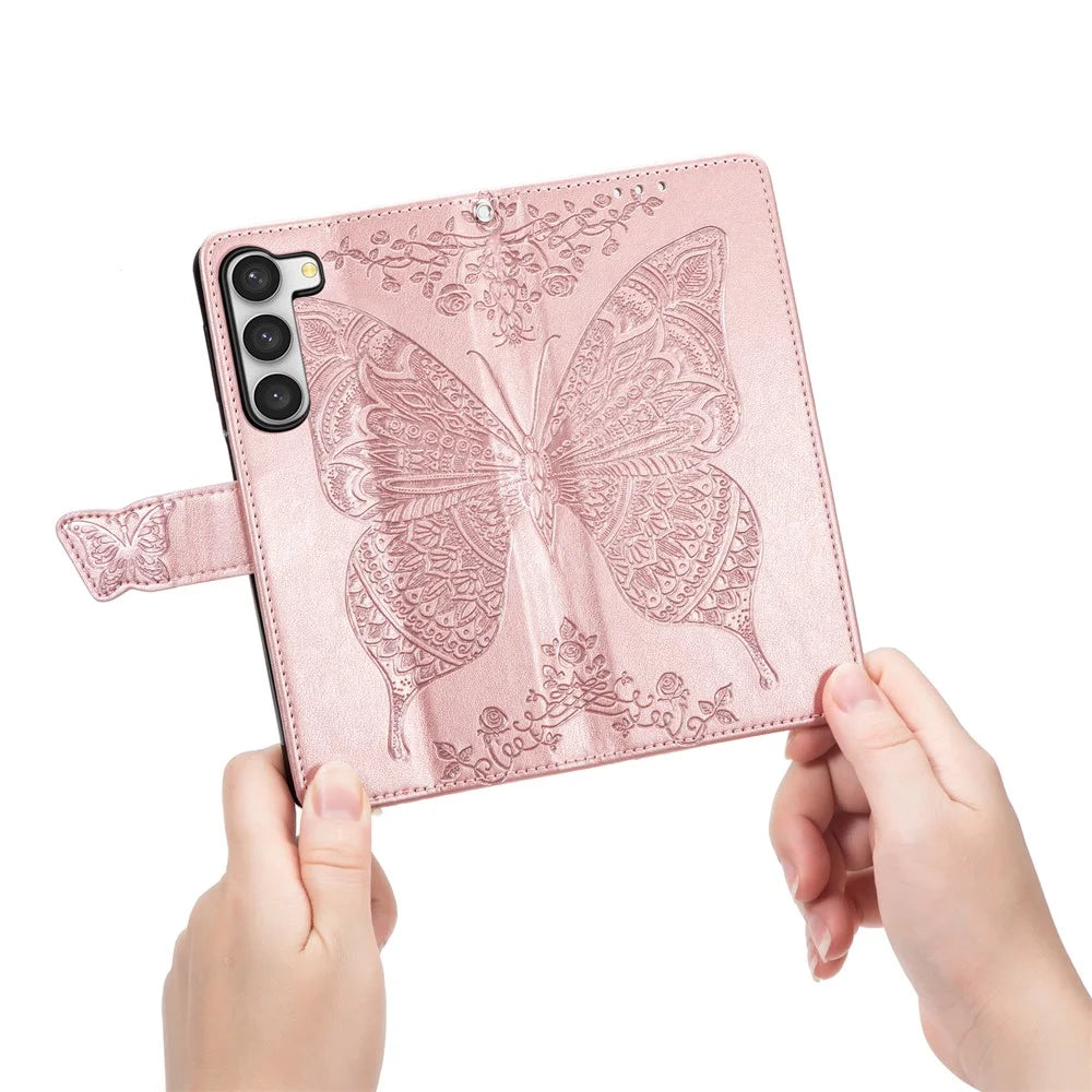 Imprinted Butterfly Pattern Phone Case for Samsung Galaxy S23, PU Leather + TPU Wallet Stand Full Protection Phone Cover with Strap - Rose Gold - 5