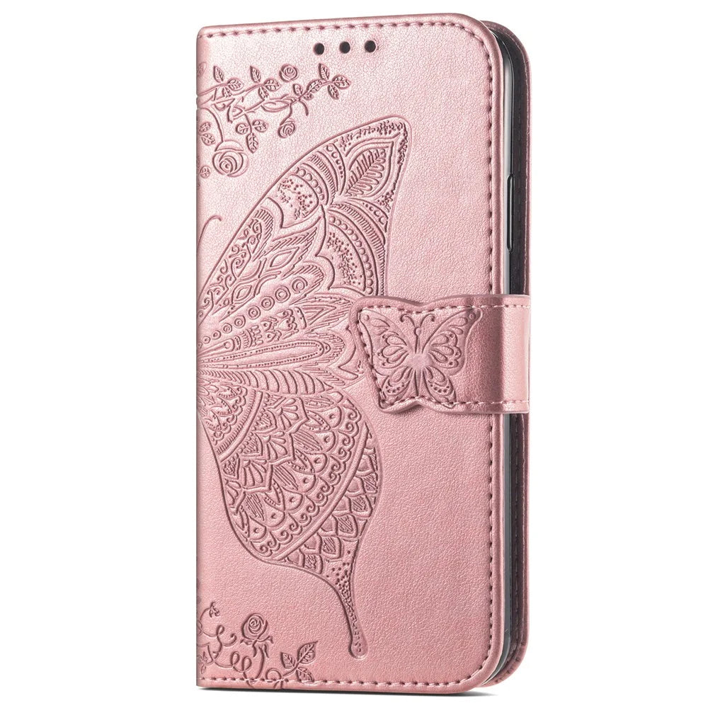 Imprinted Butterfly Pattern Phone Case for Samsung Galaxy S23, PU Leather + TPU Wallet Stand Full Protection Phone Cover with Strap - Rose Gold - 6