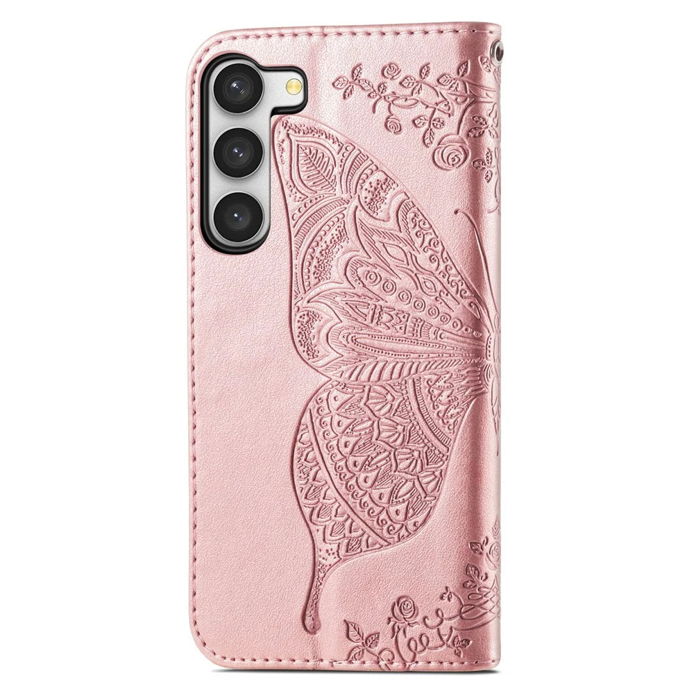 Imprinted Butterfly Pattern Phone Case for Samsung Galaxy S23, PU Leather + TPU Wallet Stand Full Protection Phone Cover with Strap - Rose Gold - 7