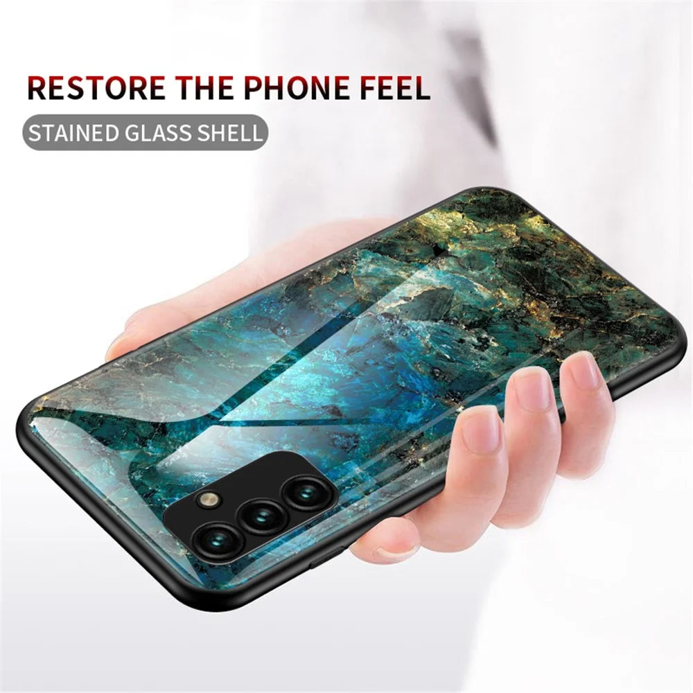 For Samsung Galaxy A14 5G / A14 4G Marble Pattern Printing Phone Case Tempered Glass + PC + TPU Shockproof Cover - Emerald Marble - 2