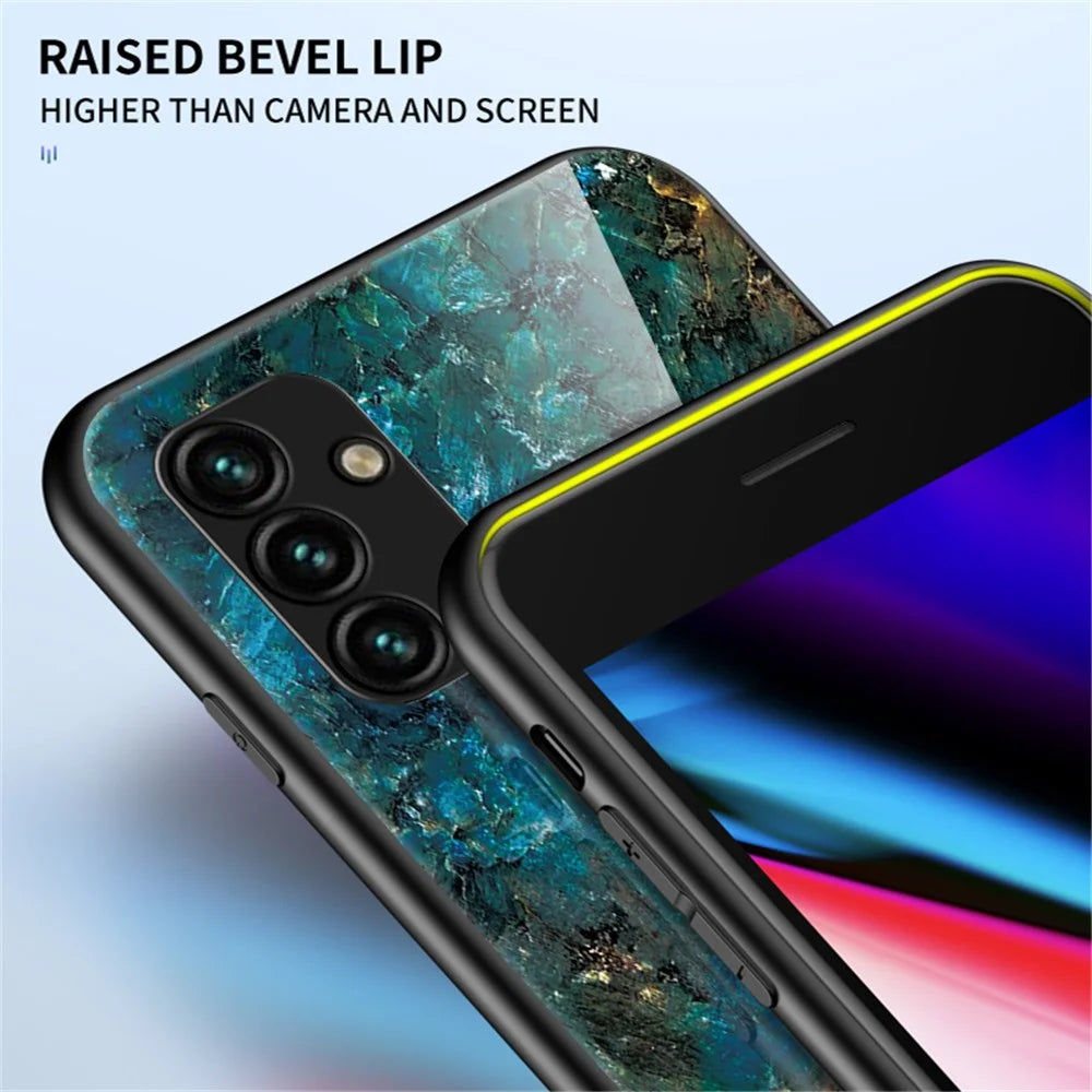 For Samsung Galaxy A14 5G / A14 4G Marble Pattern Printing Phone Case Tempered Glass + PC + TPU Shockproof Cover - Emerald Marble - 4
