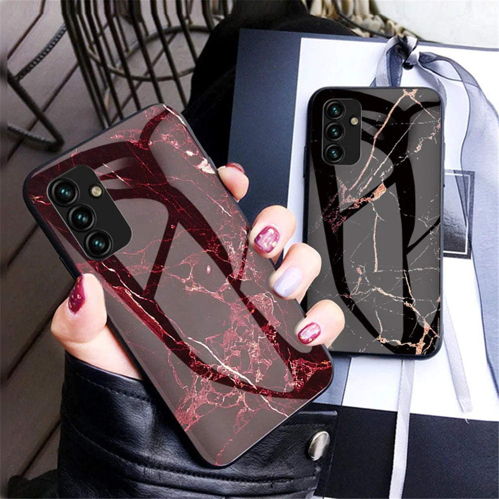 For Samsung Galaxy A14 5G / A14 4G Marble Pattern Printing Phone Case Tempered Glass + PC + TPU Shockproof Cover - Emerald Marble - 5