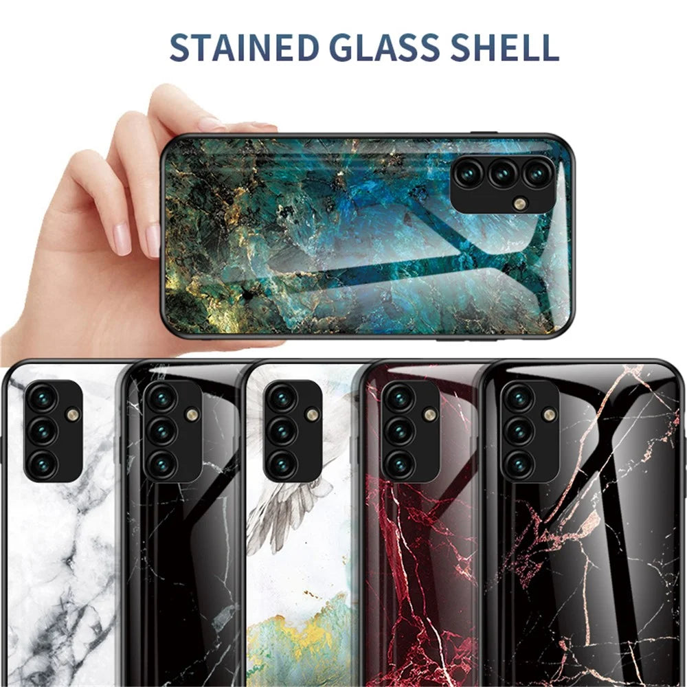 For Samsung Galaxy A14 5G / A14 4G Marble Pattern Printing Phone Case Tempered Glass + PC + TPU Shockproof Cover - Emerald Marble - 6