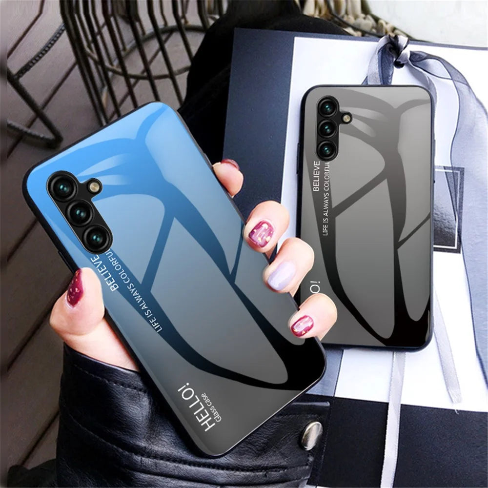 For Samsung Galaxy A54 5G Gradient Color Bump Proof Phone Case Tempered Glass Hard PC Soft TPU Anti-drop Hybrid Cover - Gradient Red Black - 6