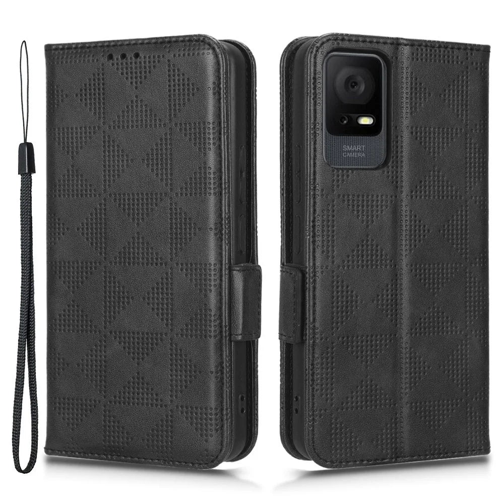 Cell Phone Cover Bag for TCL 405 / 406 / T506D, Imprinted Triangle Pattern Flip Phone Case Stand PU Leather Wallet - Black - 1