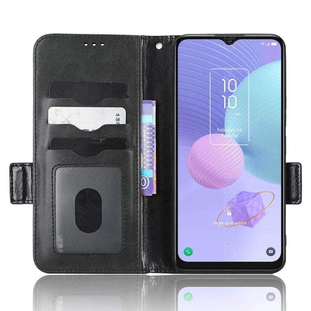 Cell Phone Cover Bag for TCL 405 / 406 / T506D, Imprinted Triangle Pattern Flip Phone Case Stand PU Leather Wallet - Black - 2
