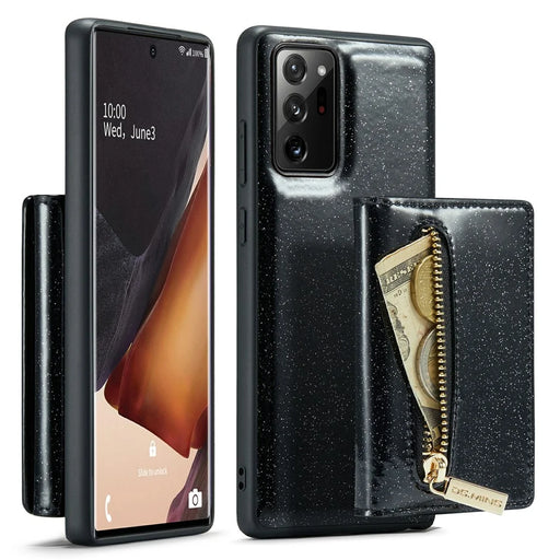 DG.MING M3 Series For Samsung Galaxy Note20 Ultra / Note20 Ultra 5G 2-in-1 Glittery PU Leather Coated PC+TPU Anti-fall Back Case Kickstand Magnetic Detachable Zipper Wallet Phone Cover - Black - 1