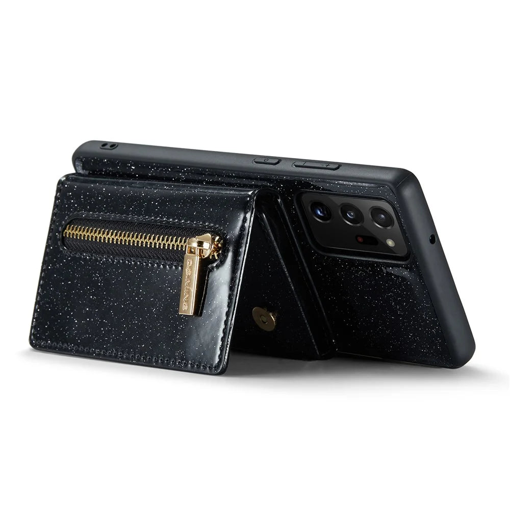 DG.MING M3 Series For Samsung Galaxy Note20 Ultra / Note20 Ultra 5G 2-in-1 Glittery PU Leather Coated PC+TPU Anti-fall Back Case Kickstand Magnetic Detachable Zipper Wallet Phone Cover - Black - 4