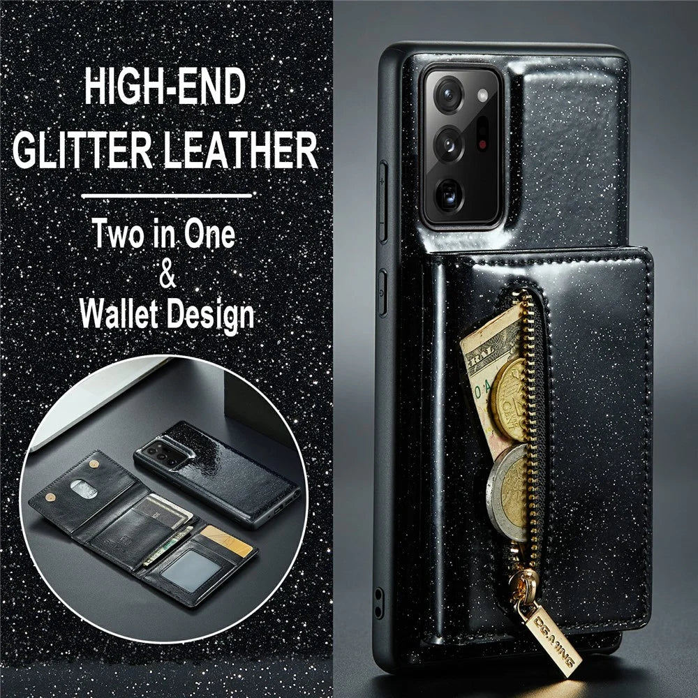DG.MING M3 Series For Samsung Galaxy Note20 Ultra / Note20 Ultra 5G 2-in-1 Glittery PU Leather Coated PC+TPU Anti-fall Back Case Kickstand Magnetic Detachable Zipper Wallet Phone Cover - Black - 5