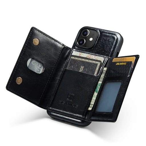 DG.MING M3 Series For iPhone 12 / 12 Pro 6.1 inch 2-in-1 Glittery PU Leather Coated PC+TPU Drop Proof Back Case Kickstand Design Magnetic Detachable Zipper Wallet Phone Cover - Black - 2