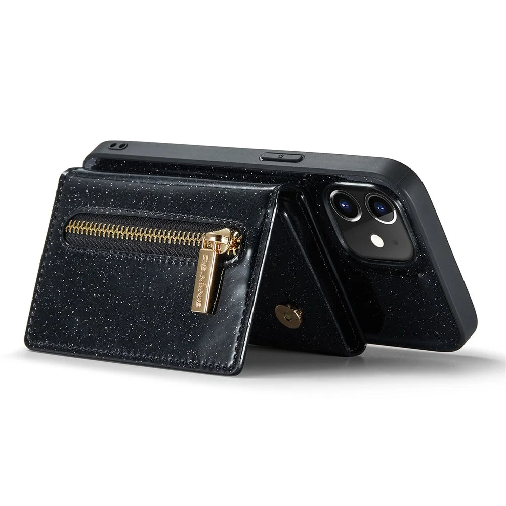 DG.MING M3 Series For iPhone 12 / 12 Pro 6.1 inch 2-in-1 Glittery PU Leather Coated PC+TPU Drop Proof Back Case Kickstand Design Magnetic Detachable Zipper Wallet Phone Cover - Black - 3