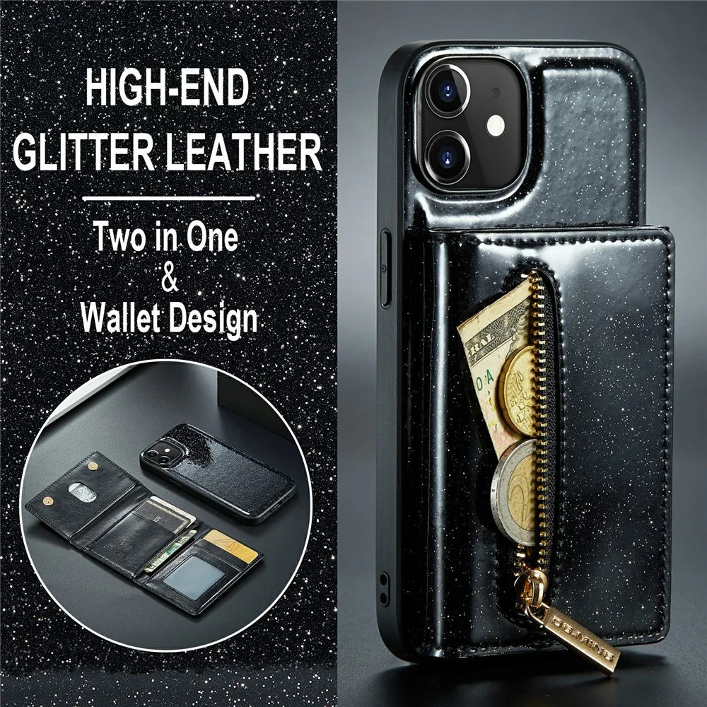 DG.MING M3 Series For iPhone 12 / 12 Pro 6.1 inch 2-in-1 Glittery PU Leather Coated PC+TPU Drop Proof Back Case Kickstand Design Magnetic Detachable Zipper Wallet Phone Cover - Black - 5