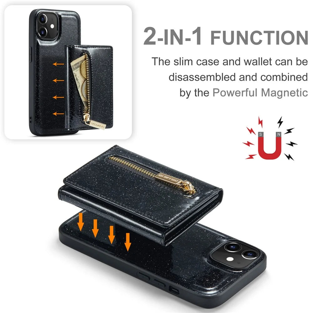 DG.MING M3 Series For iPhone 12 / 12 Pro 6.1 inch 2-in-1 Glittery PU Leather Coated PC+TPU Drop Proof Back Case Kickstand Design Magnetic Detachable Zipper Wallet Phone Cover - Black - 6