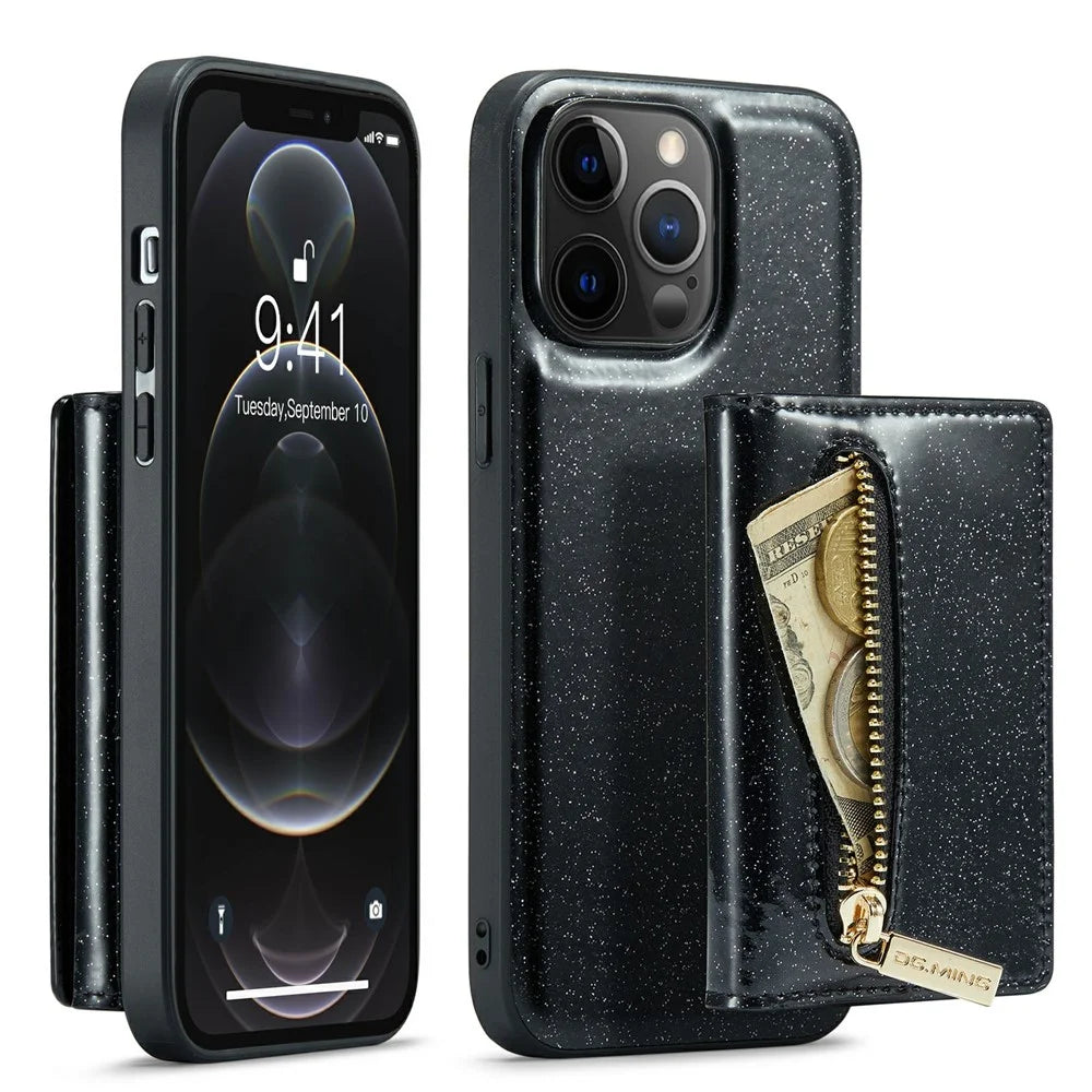 DG.MING M3 Series For iPhone 12 Pro Max 6.7 inch 2-in-1 Glittery PU Leather Coated PC+TPU Shockproof Back Case Kickstand Magnetic Detachable Zipper Wallet Phone Cover - Black - 1