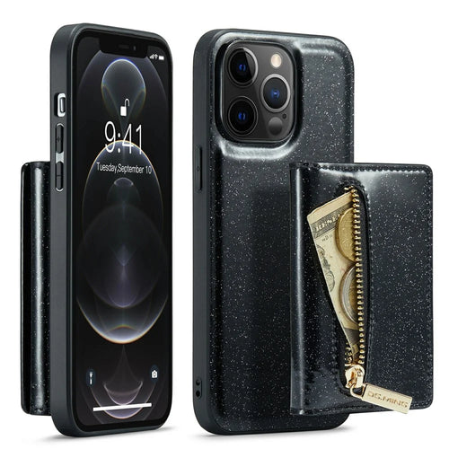 DG.MING M3 Series For iPhone 12 Pro Max 6.7 inch 2-in-1 Glittery PU Leather Coated PC+TPU Shockproof Back Case Kickstand Magnetic Detachable Zipper Wallet Phone Cover - Black - 1