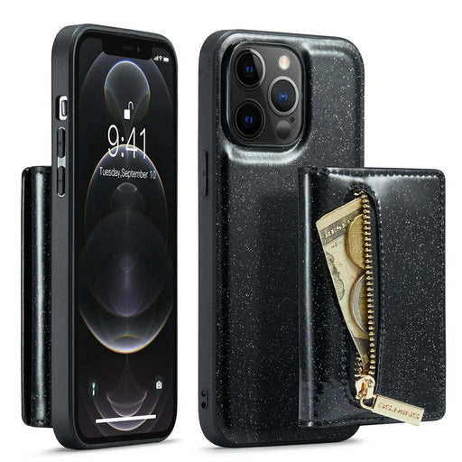 DG.MING M3 Series For iPhone 12 Pro Max 6.7 inch 2-in-1 Glittery PU Leather Coated PC+TPU Shockproof Back Case Kickstand Magnetic Detachable Zipper Wallet Phone Cover - Black - 1