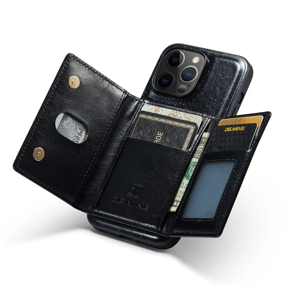 DG.MING M3 Series For iPhone 12 Pro Max 6.7 inch 2-in-1 Glittery PU Leather Coated PC+TPU Shockproof Back Case Kickstand Magnetic Detachable Zipper Wallet Phone Cover - Black - 2