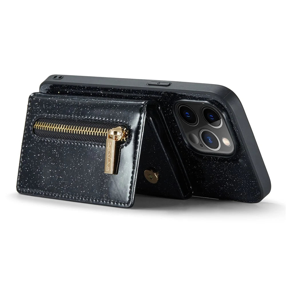 DG.MING M3 Series For iPhone 12 Pro Max 6.7 inch 2-in-1 Glittery PU Leather Coated PC+TPU Shockproof Back Case Kickstand Magnetic Detachable Zipper Wallet Phone Cover - Black - 3