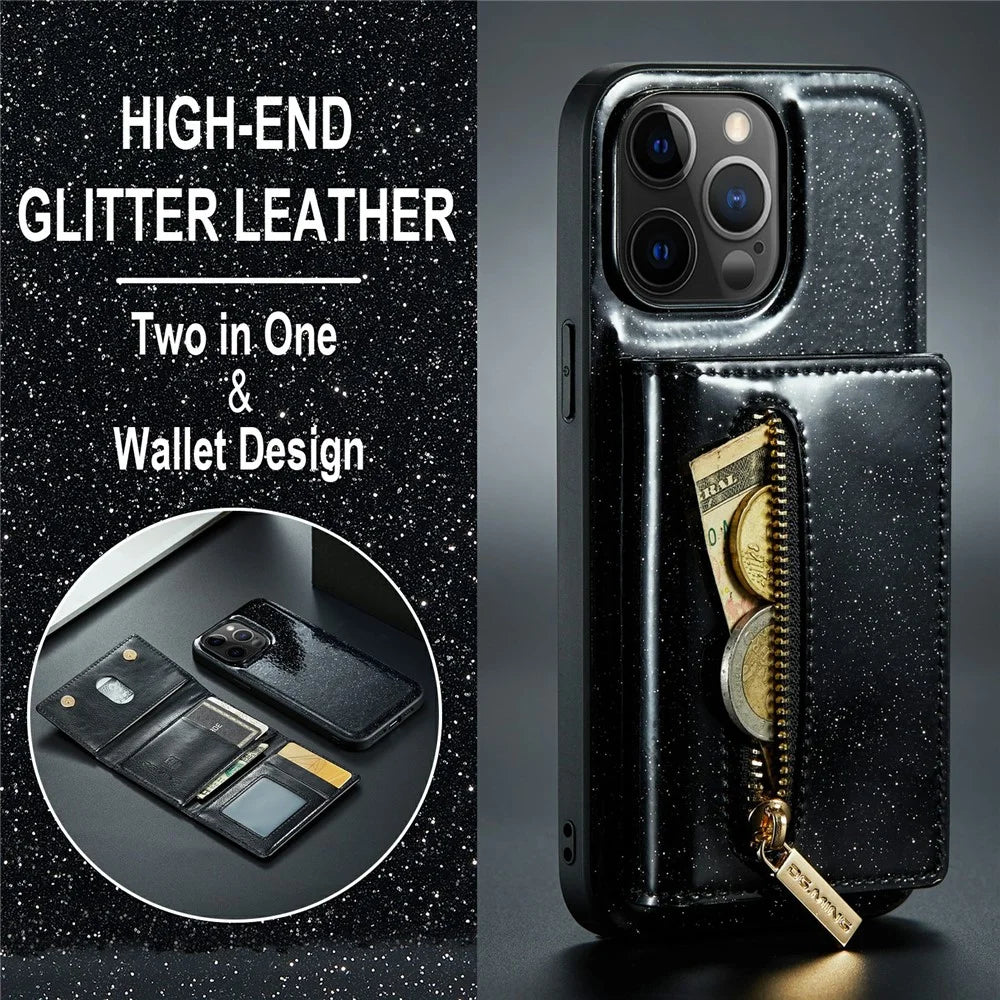 DG.MING M3 Series For iPhone 12 Pro Max 6.7 inch 2-in-1 Glittery PU Leather Coated PC+TPU Shockproof Back Case Kickstand Magnetic Detachable Zipper Wallet Phone Cover - Black - 5