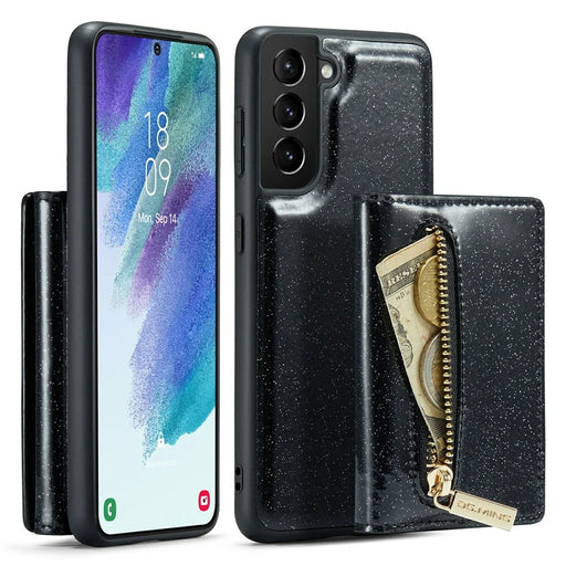 DG.MING M3 Series For Samsung Galaxy S21 FE 5G Magnetic Detachable Design Glitter Bling Powder PU Leather Cover PC+TPU Zipper Pocket Wallet Kickstand Phone Case - Black - 1