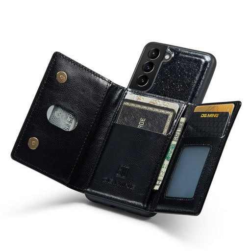 DG.MING M3 Series For Samsung Galaxy S21 FE 5G Magnetic Detachable Design Glitter Bling Powder PU Leather Cover PC+TPU Zipper Pocket Wallet Kickstand Phone Case - Black - 2